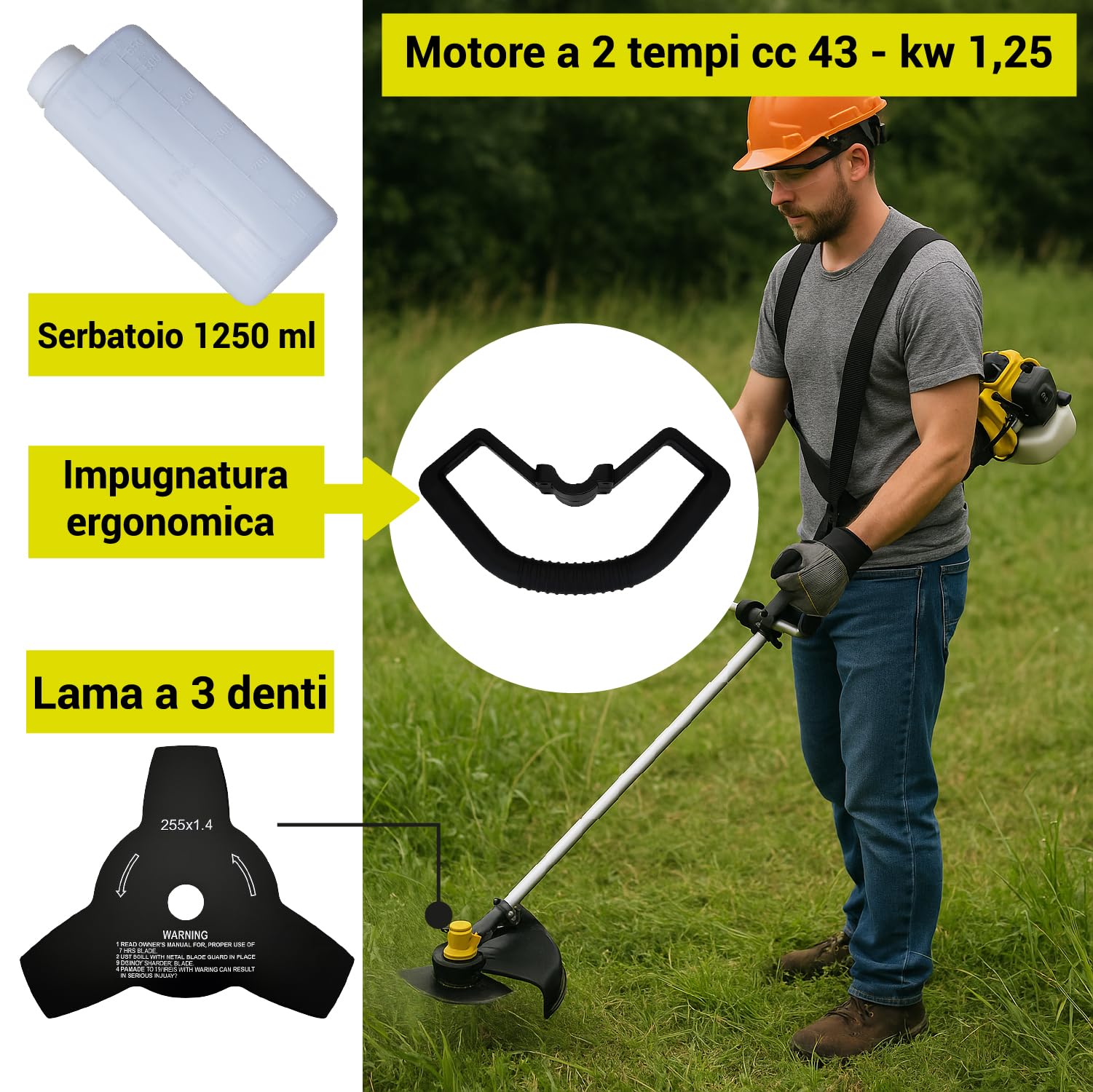 Crisalide Desbrozadora de explosión de 43 cc – Motor de 2 tiempos con carburador Walbro, hoja de 3 dientes y cabezal de nailon – Mango ergonómico, longitud 160 cm, peso 8 kg – Corte preciso
