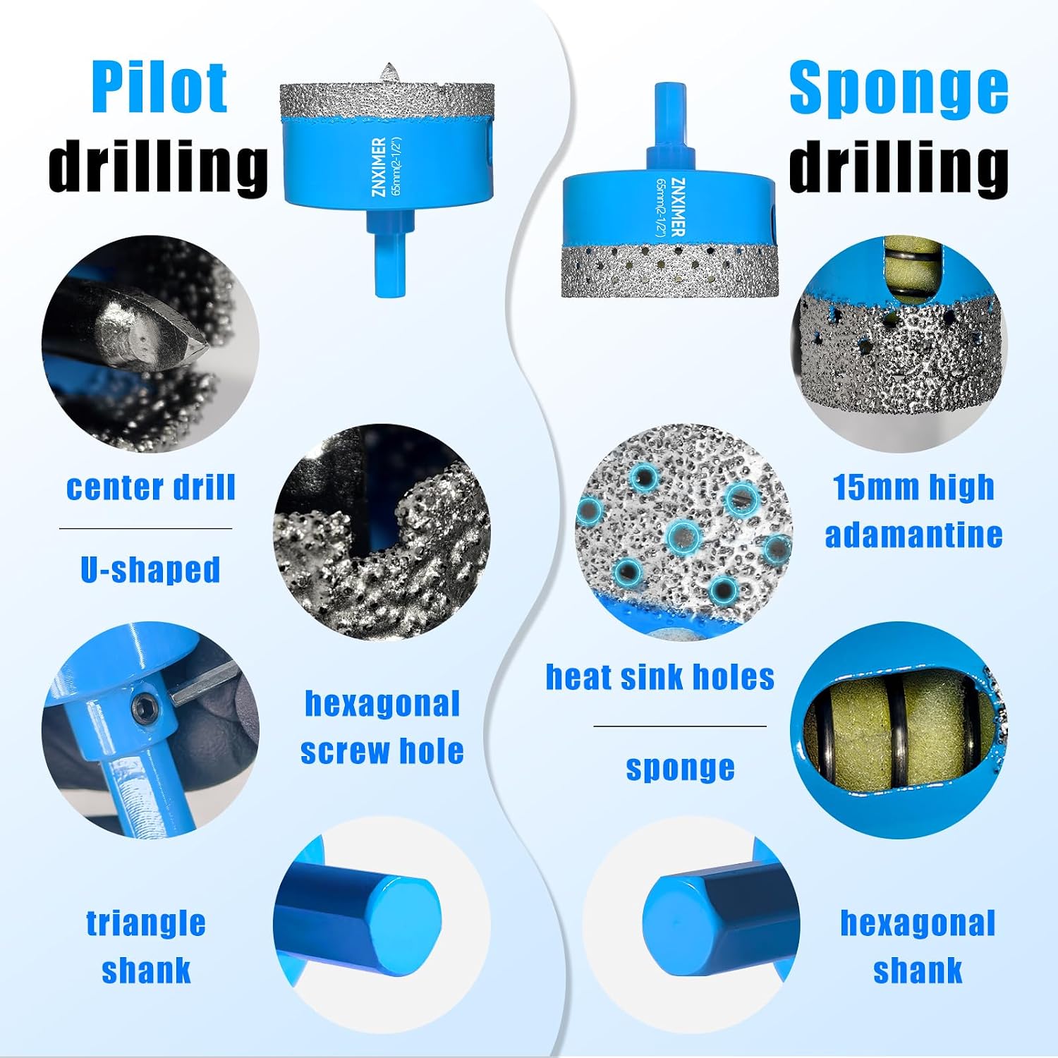 Diamond Tile Hole Saw Kit - ZNXIMER Vacuum Brazed Core Drill Bits for Porcelain Tile, Granite, Marble, Stone (2, 2-1/2"(65mm))