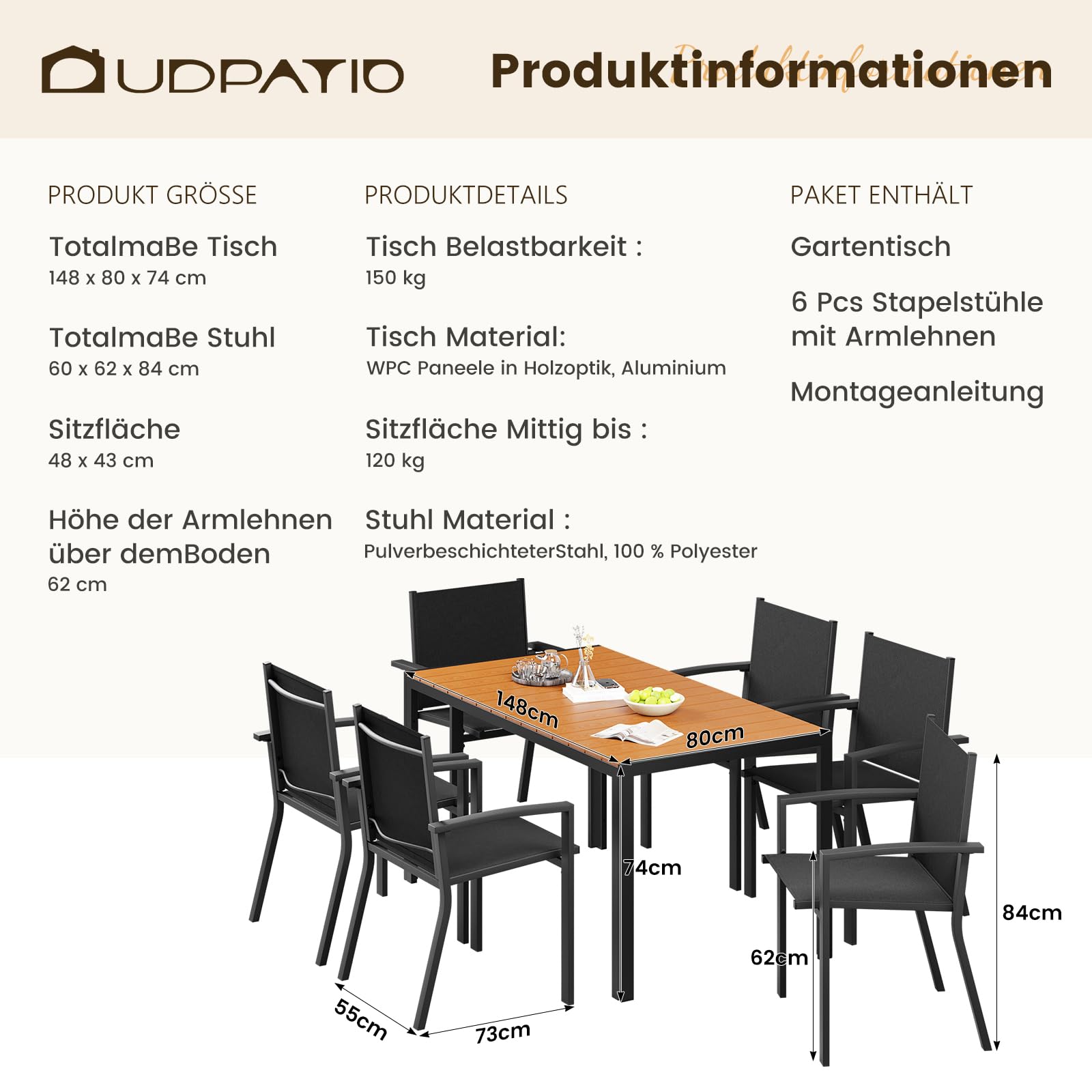 UDPATIO Wetterfest Gartenmöbel Set 7-TLG, Aluminium WPC Gartentisch + 6er Gartenstühle Stapelbar mit Armlehnen, Terrassenmöbel Balkonmöbel für Garten,Terrasse,Veranden, Teakbraun + Schwarz
