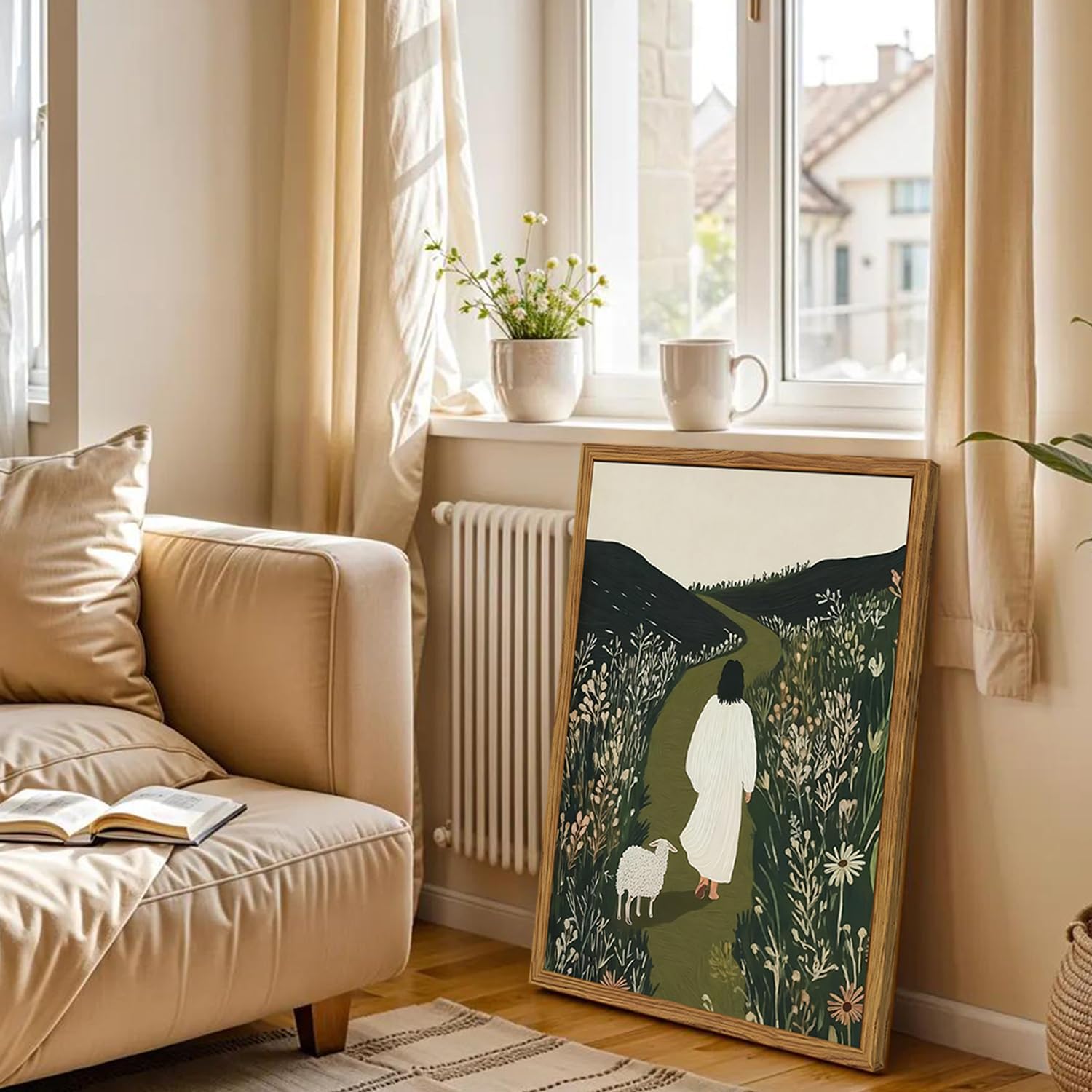 Framed Jesus Leaves the 99 Sheep Wall Art, Christian Pictures Wall Decor, Jesus and The Lost Lamb Paintings Canvas Prints Religious Home Decor for Living Room Bedroom Church Prayer Room 16x24 inch