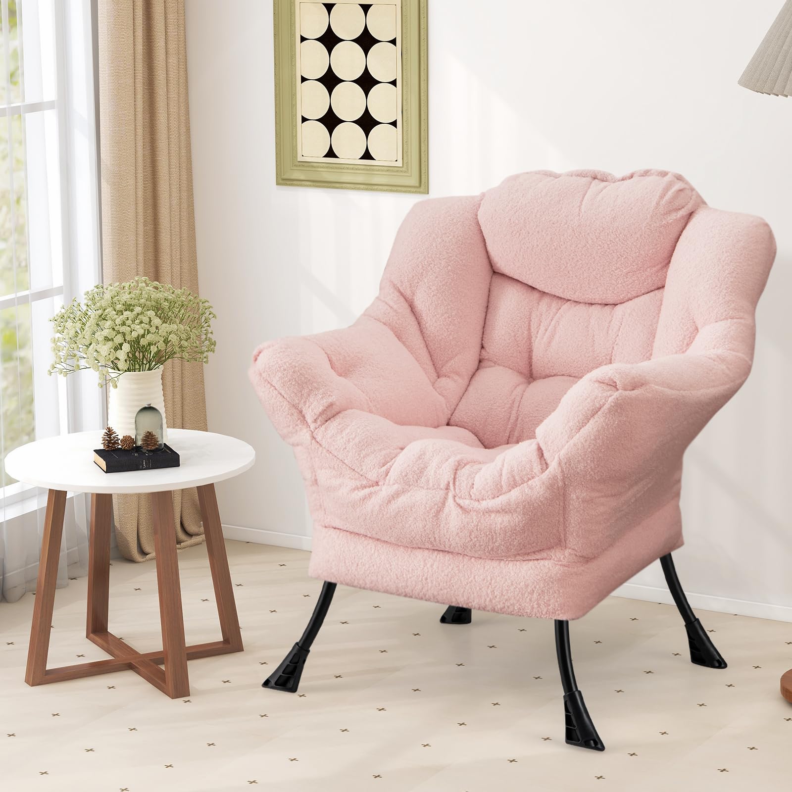 HOMASIS Sillón reclinable tapizado, sillón con reposabrazos y Almohada, sillón de Lectura con Bolsillo Lateral, sillón TV en Tela y Metal para salón Dormitorio (Modelo 1 sin Taburete, Rosa)