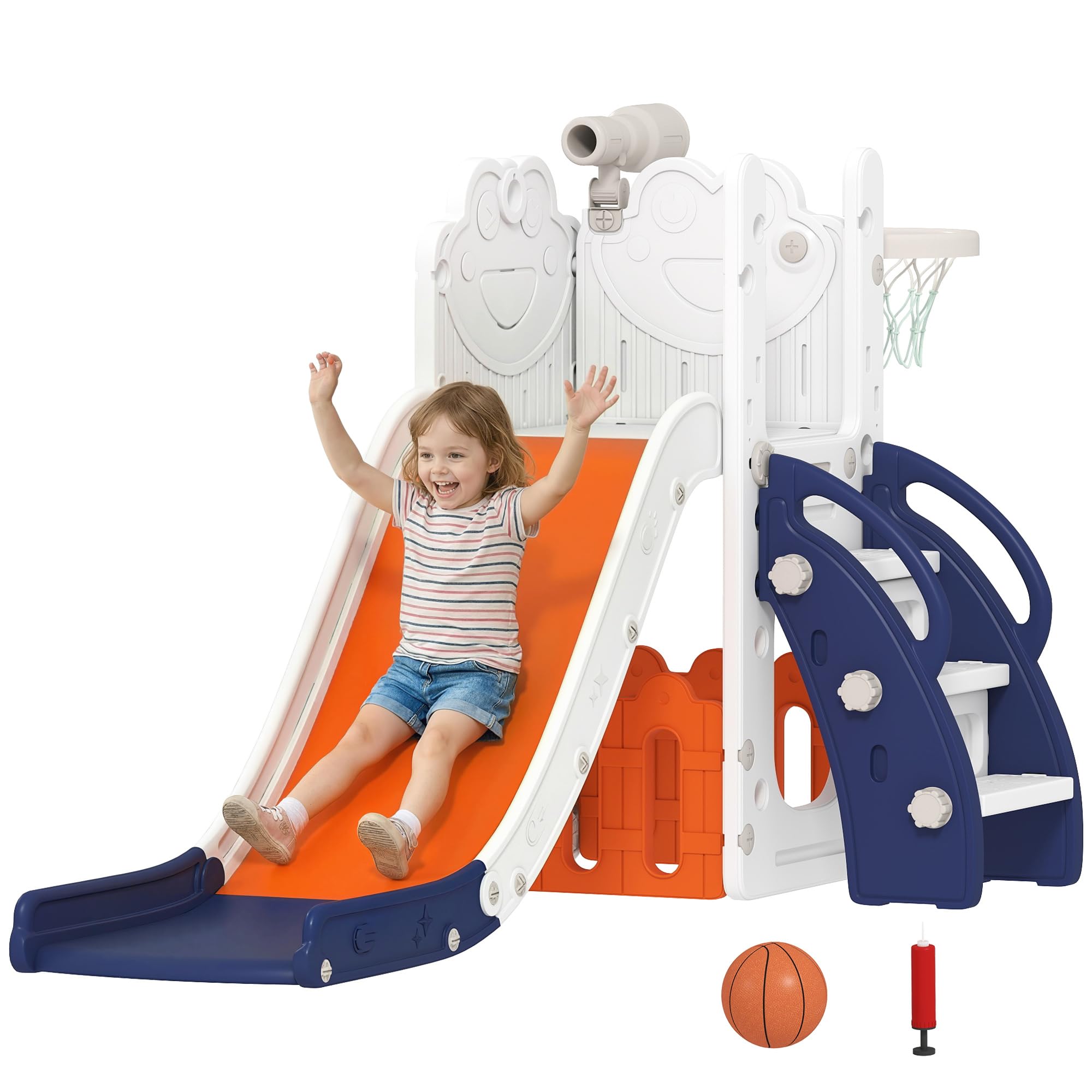 AIYAPLAY Kids Slide, 5 in 1 Toddler Slide Set with Basketball Hoop, Outdoor & Indoor Frog Theme Playset with Climbing Frame, Telescope, Storage Box for Toddlers Ages 1-3, Orange