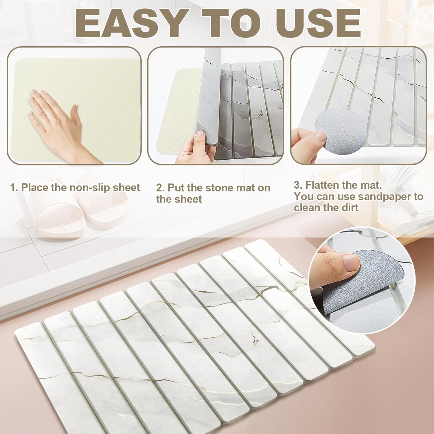 Foldable Diatomite Stone Bath Mat Quick Dry, Non-Slip Stone Bathroom Mat 23.6 x 15.3 inch, Super Absorbent Mats for Shower Dish Drying Mats for Kitchen, White - Image 5