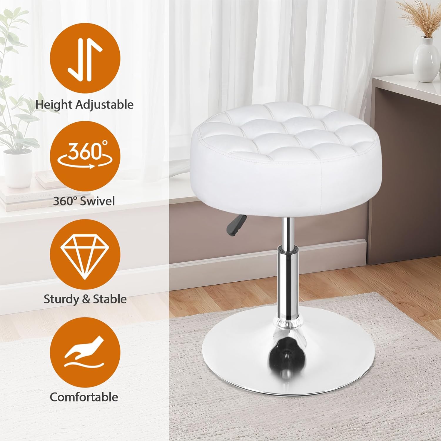 SUPER DEAL Vanity Stools for Makeup, Vanity Ottoman Chair with Adjustable Height and 360° Swivel for Makeup Room Bedroom Living Room, White