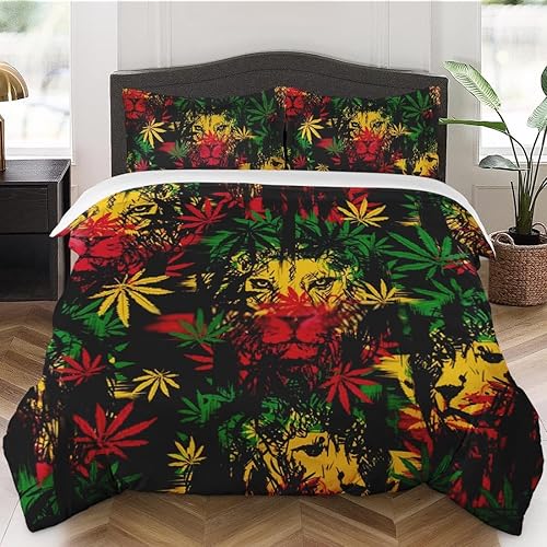 Juego de funda de edredón tamaño Queen, hojas de león, verde y amarillo, con cierre de cremallera para niños y adultos, funda de edredón africana