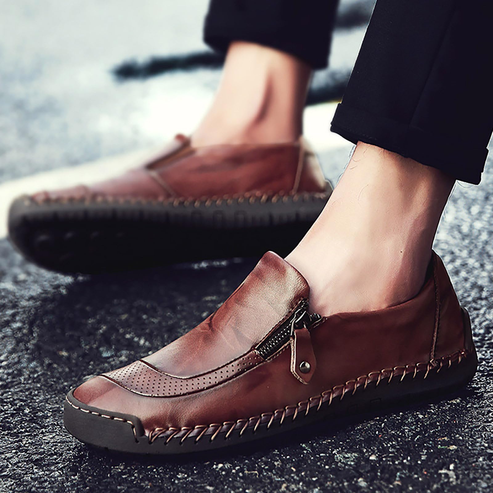 Zapatos de hombre de piel, zapatos de negocios, clásicos, transpirables, anchos, ligeros, con cremalleras, piel, para el tiempo libre, para el trabajo