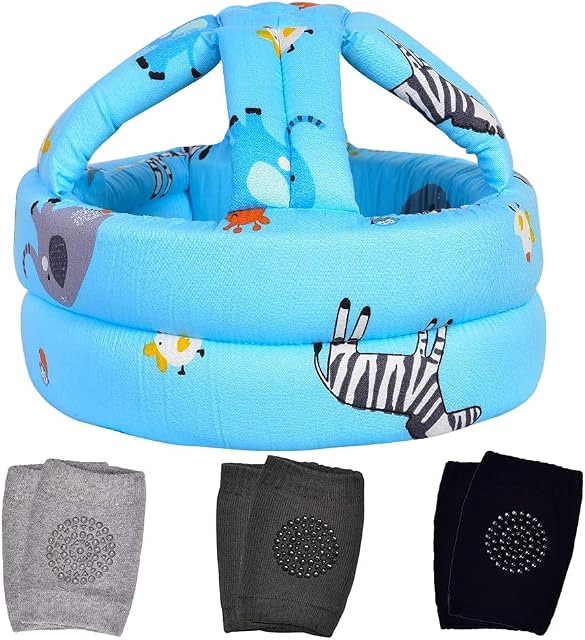 Baby Head Protector & Baby Knee Pads for Crawling,Infant Safety Helmet & Walking Baby Helmetfor Age 6-36 Months, Blue Zoo(1+3)