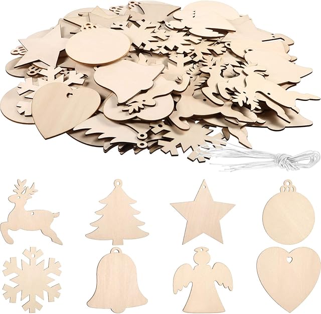 96 Pieces Unfinished Wooden Ornaments Christmas Wood Ornaments Hanging Embellishments Crafts for DIY, Christmas Hanging Decoration with Beautiful Shapes (White Multi-Shape)