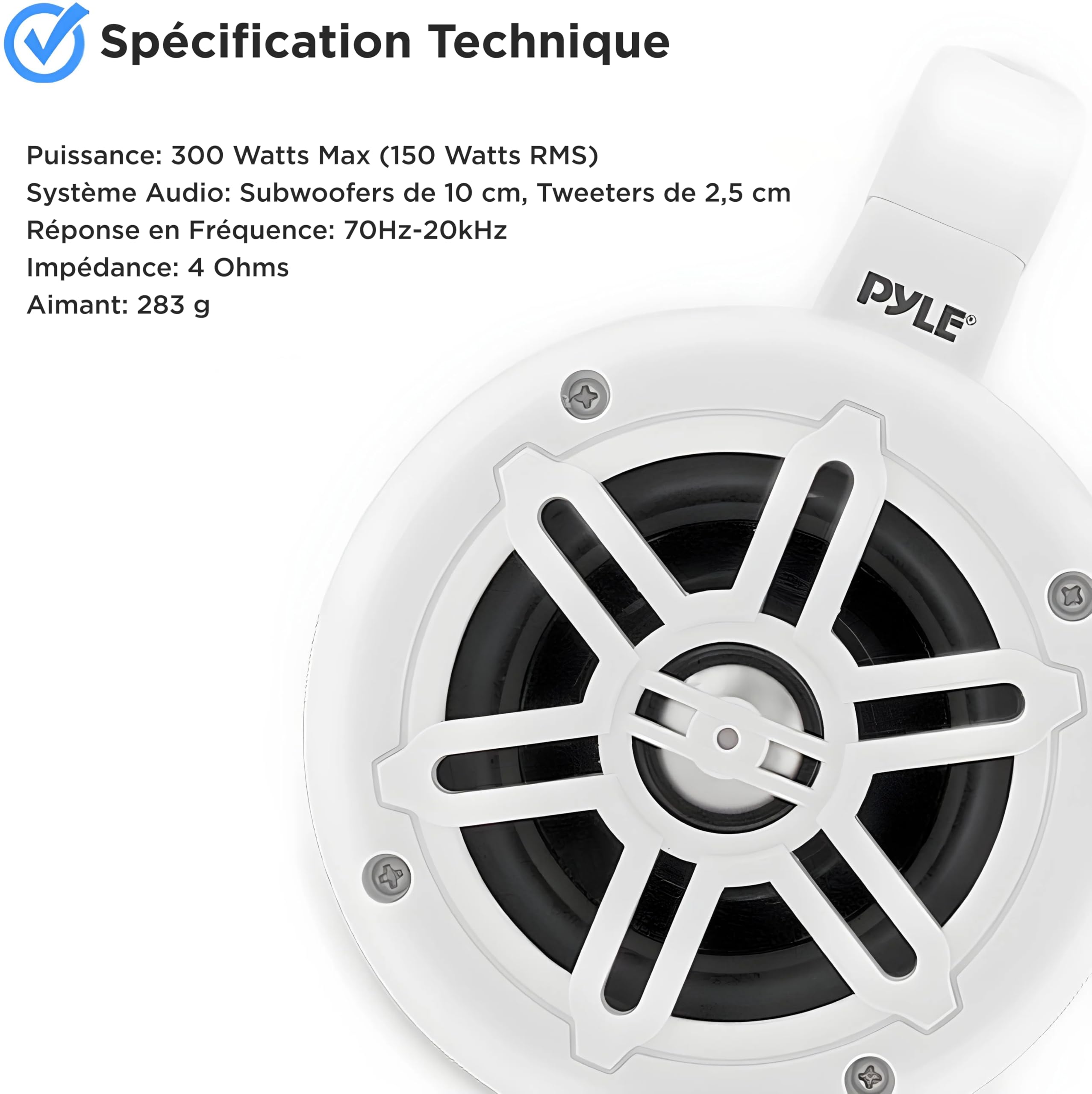 Pyle Haut-Parleurs Marins 10 cm Étanches, 300W, Kit Audio Bateau, Système Stéréo Extérieur Résistant Intempéries, Enceintes Doubles, Blanc