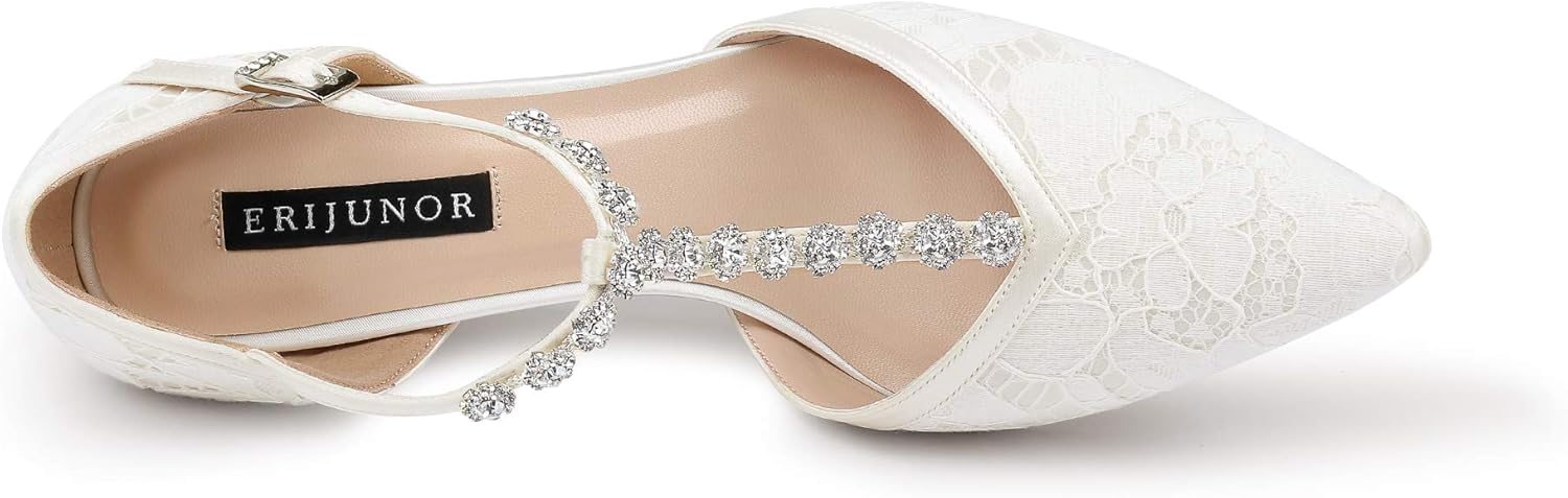 ERIJUNOR Women Lace Bridal Shoes Mid Heel with Rhinestones T-Strap Pointy Toe Satin Wedding Shoes - Image 3
