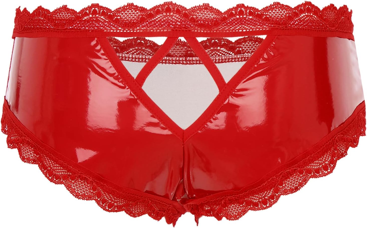 Men's Open Crotch Wet Look PVC Leather Lace Trim G-Sting Thongs Bikini Briefs Underwear