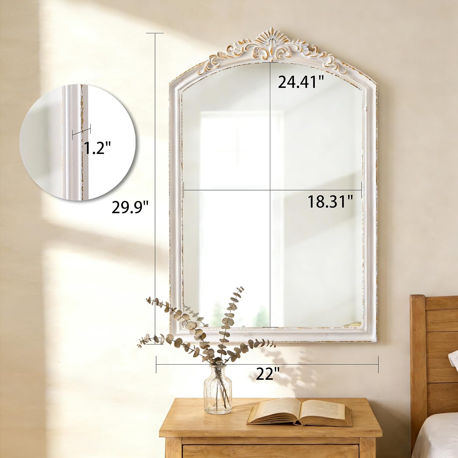 Vintage Arched Bathroom Mirror 23 X 30 Inch, Hanging Distressed White Wood Frame Rustic Arch Mirror, Antique Mirrors for Wall Decor Living Room Bedroom Entryway Hallway
