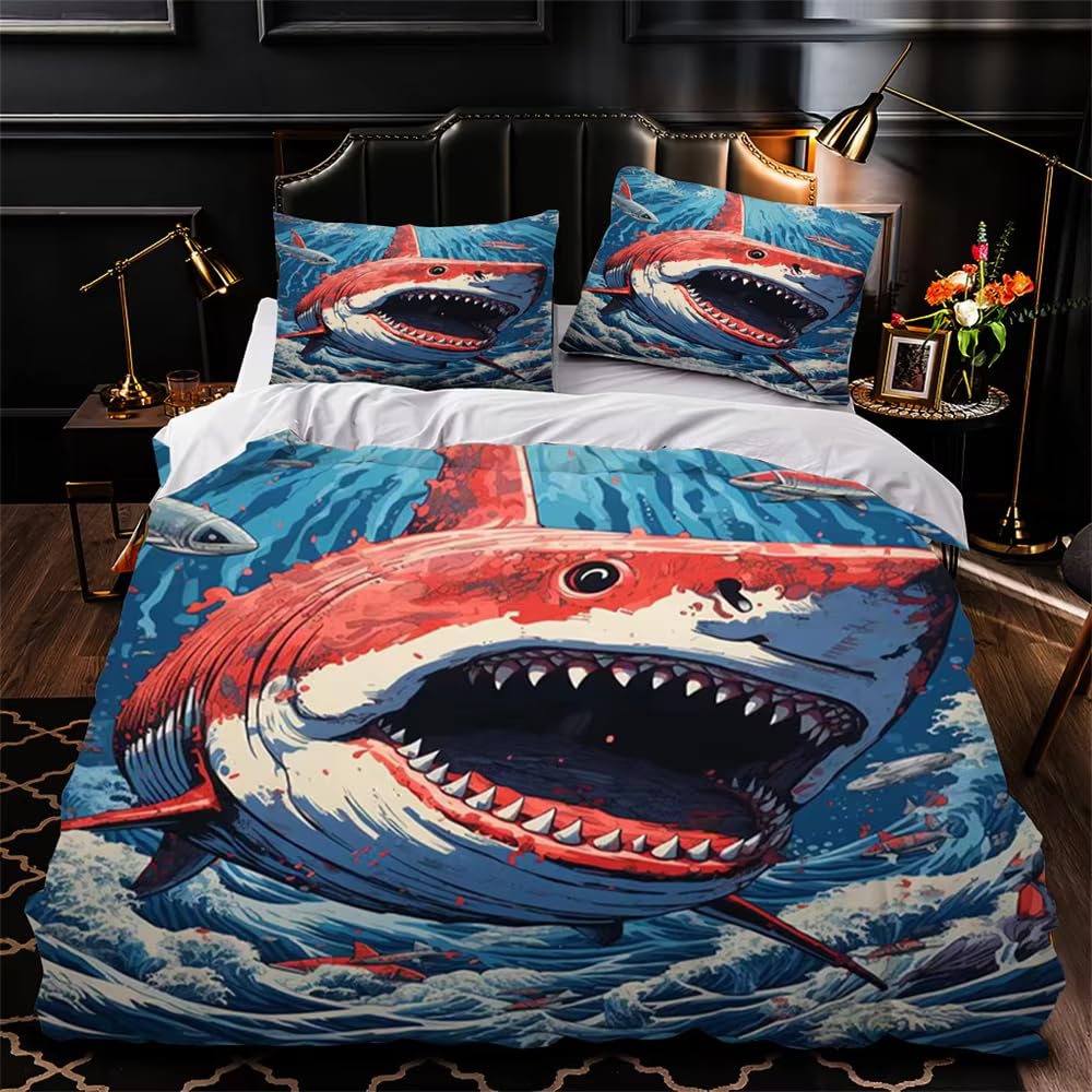 Housse de couette requin 200x200 cm avec 2 taies d'oreiller pour lit 2 personnes