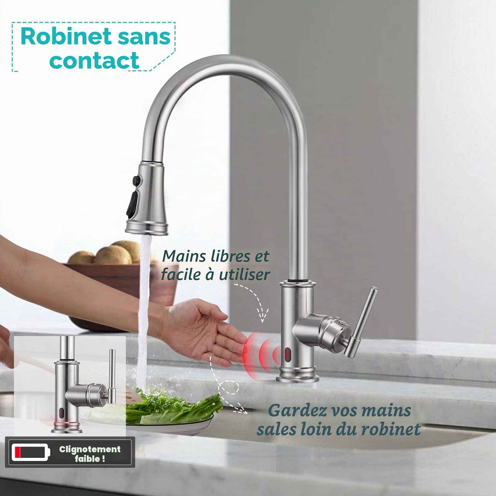 Robinet Cuisine Sans Contact avec Douchette Extensible Rotatif à 360°, Mitigeur Cuisine Touchless Sensor 3 Modes de Pulvérisation, Robinet d'Évier monocommande en Acier Inoxydable 304