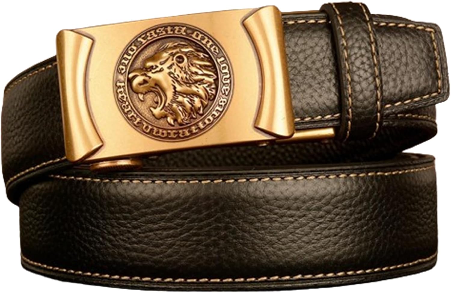 Men Ratchet Dress Black Belt with Roaring Lion's Head Decorative Stereoscopic Automatic Click Buckle Replaceable(115cm/45, Silver)