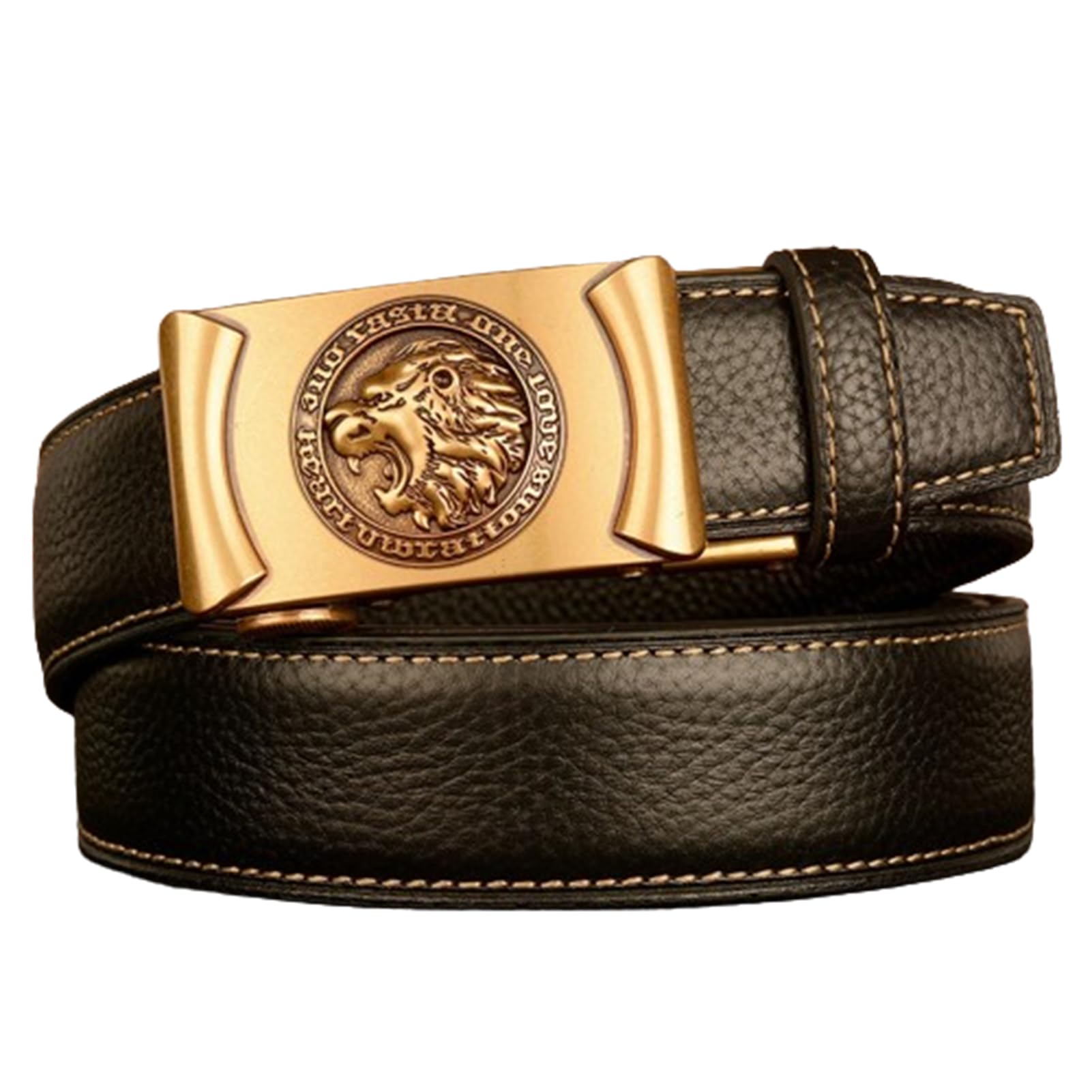 Agutalithic Men's Gold Ratchet Dress Black Belt With Roaring Lion's Head Decorative Stereoscopic Automatic Click Buckle Replaceable(115Cm/45, )