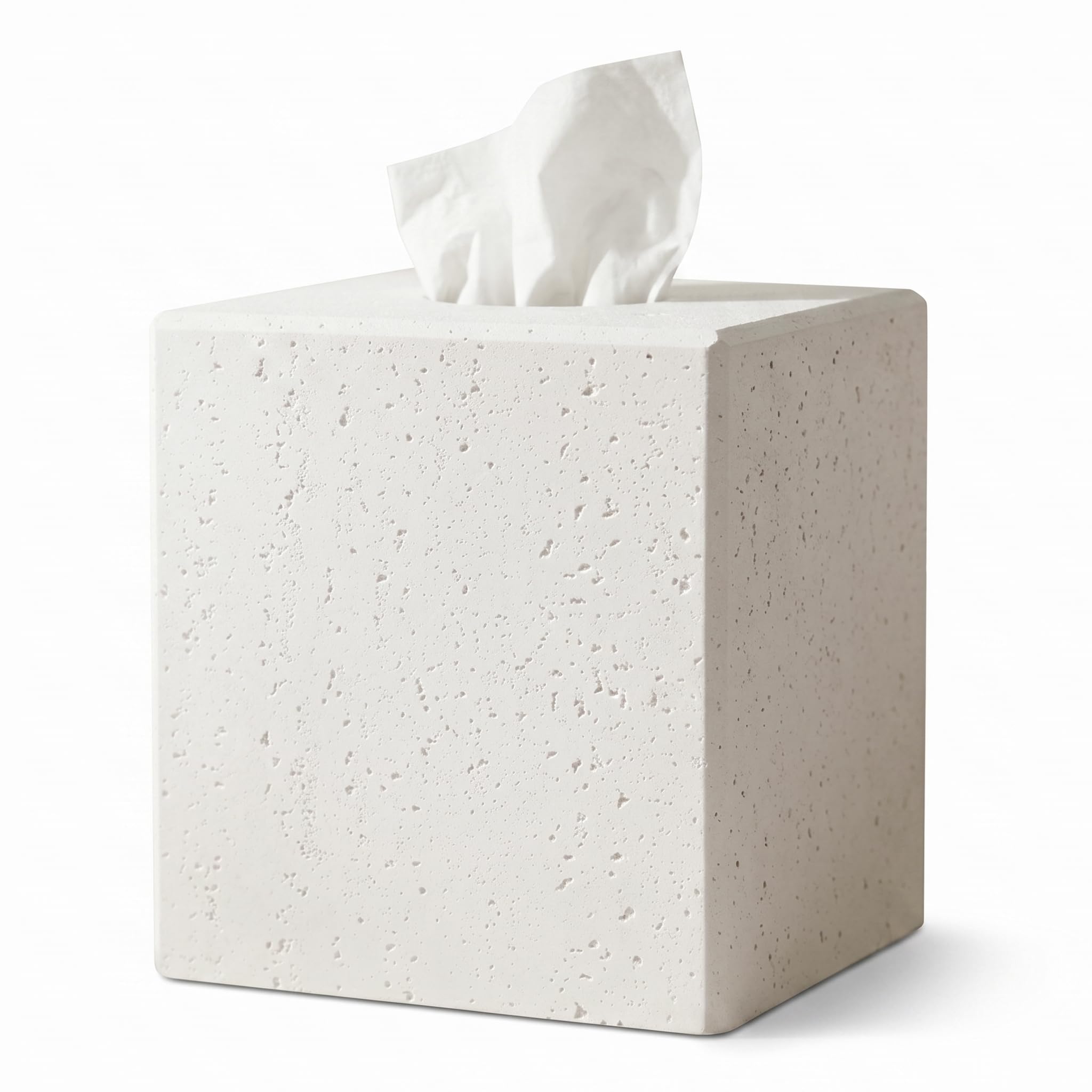 White Tissue Box Cover, Modern Square Decorative Tissue Box Holder with Travertine-Inspired Finish, Removable Magnetic Base Lid, Weighted Cover for Bathroom Countertop, Vanity, Office, Bedroom