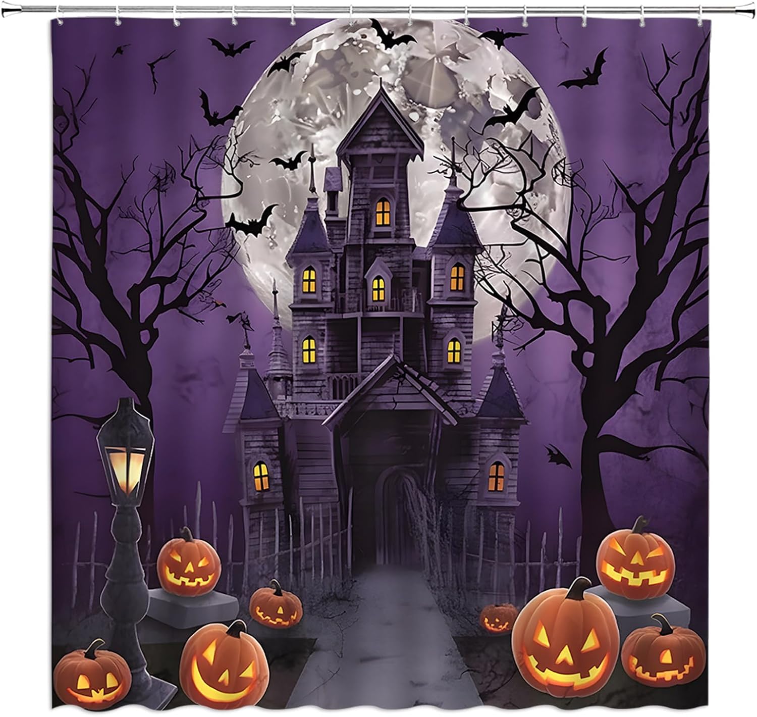Horror Halloween Shower Curtain Spooky Night Castle Moon Dead Tree Haunted House Pumpkin Gothic Halloween Spooky Purple 70" Wx96 H Fabric Bathroom Decor Curtain with Hooks