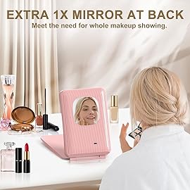 Mocado Travel Makeup Mirror with Light, 1x/10x Magnifying Mirror with Light, 3 Colors Lighted Magnifying Mirror, 2000mAh Rechargeable Lighted Makeup Mirror, Dimmable Touch, Memory Function (Pink)