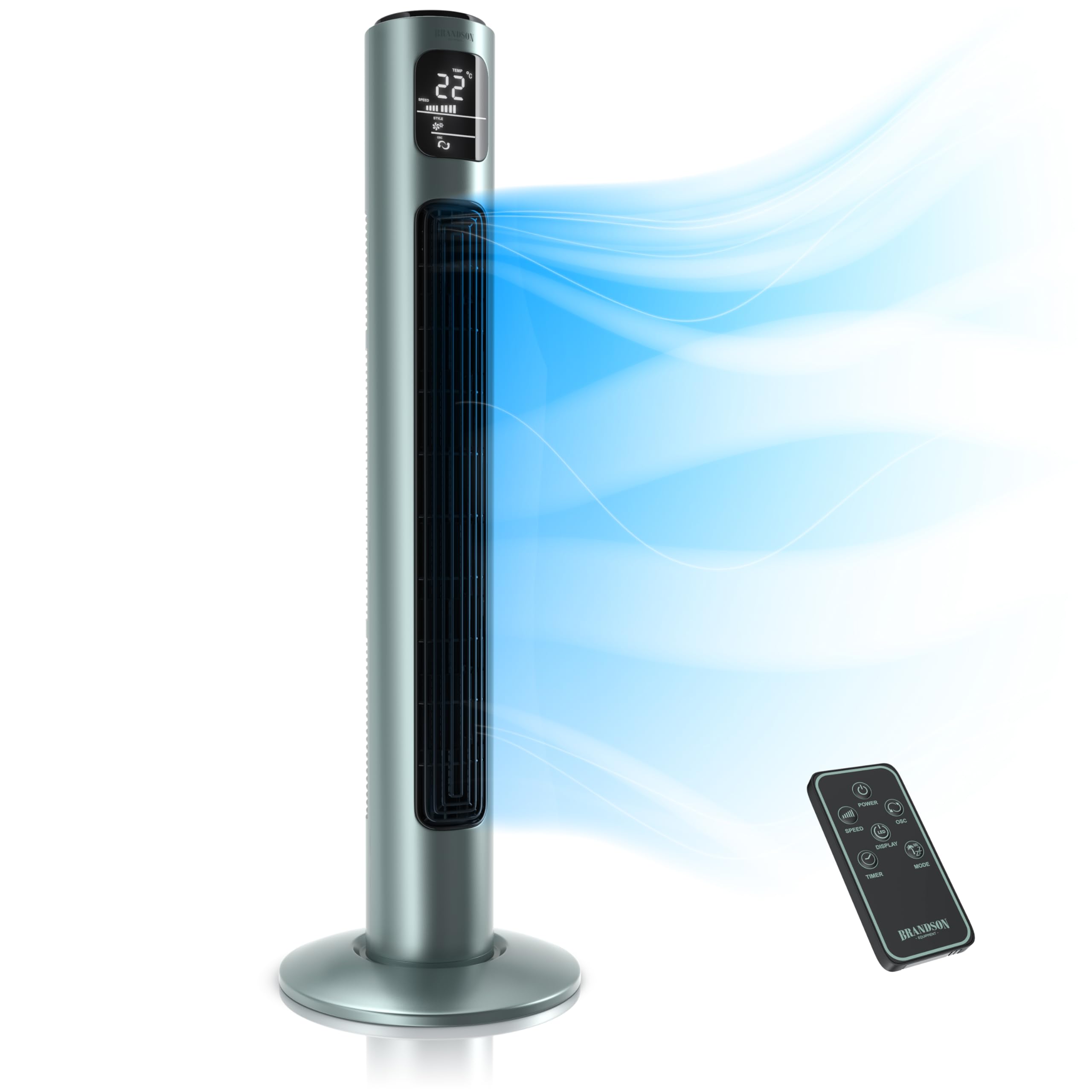 Brandson - Turmventilator mit Fernbedienung - Preisträger 2025 - Oszilation 60° - Standventilator - mobiler Lüfter - Säulenventilator - 96 cm - Ventilator mit 3 Geschwindigkeiten - GS - silbermint