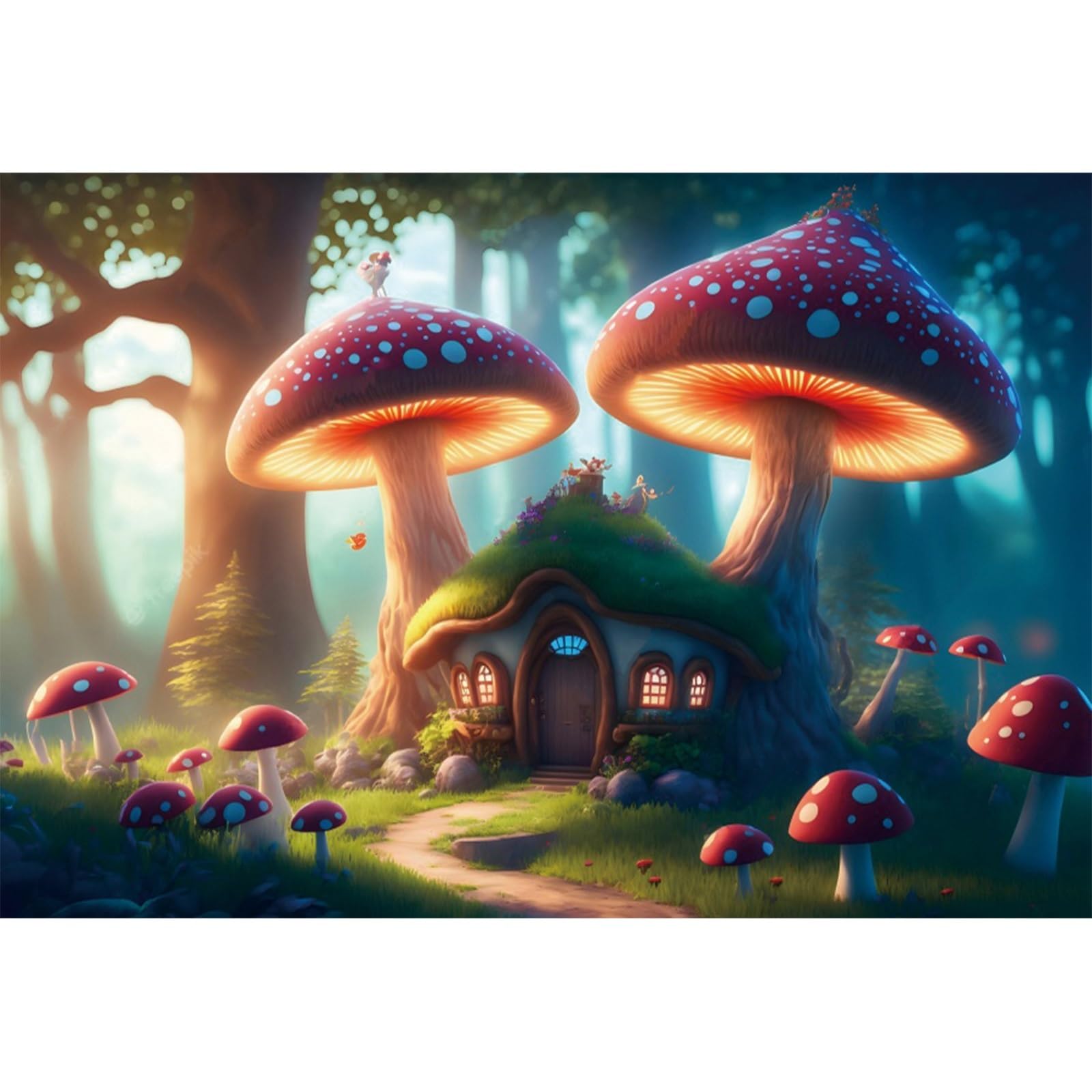 YongFoto 3x2,5m Foresta delle fiabe Sfondo Casa Incantata Bosco Fungo Prato Alberi Sunlight Paese delle meraviglie Sfondo di fotografia per i bambini Compleanno Baby Shower Puntelli per fotografico