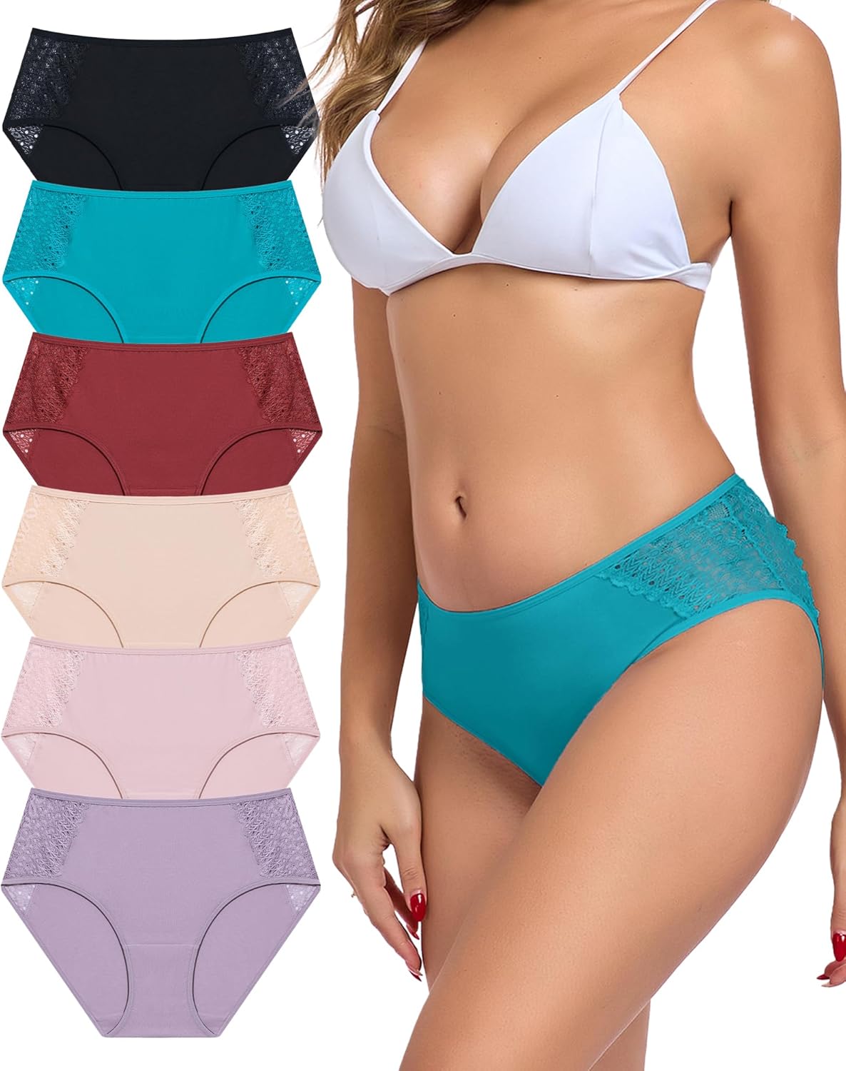 COLORFULLEAF Women's Cotton Hipster Panties Sexy Lace Underwear Pack Soft Moisture Wicking Bikini Briefs