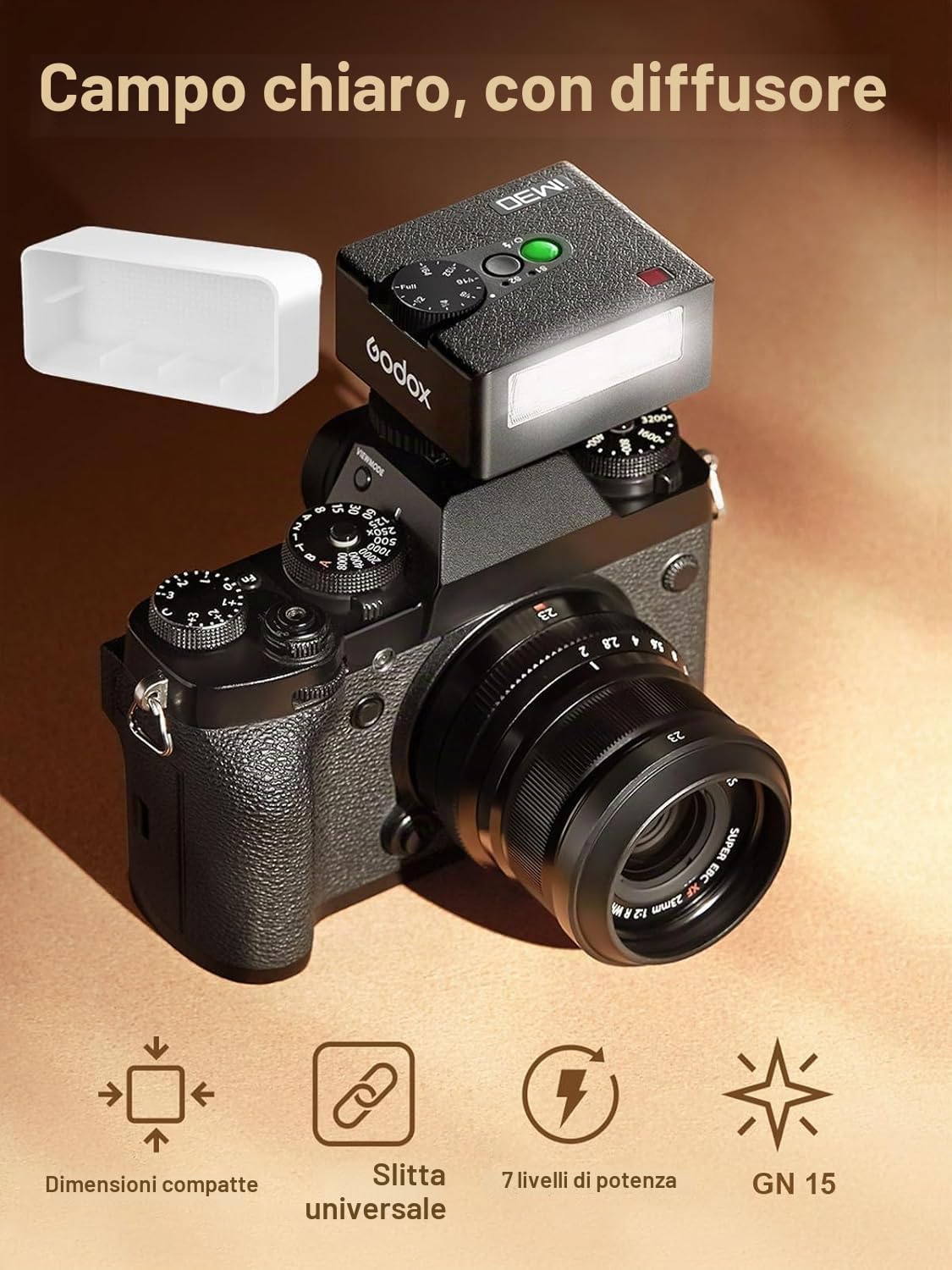 Godox iM30 Kit Flash con Diffusore, Mini Flash Manuale GN15 per Fotocamera | Mini flash manuale GN15 con diffusore incluso, luce più morbida e naturale per ritratti, viaggio e fotografia quotidiana
