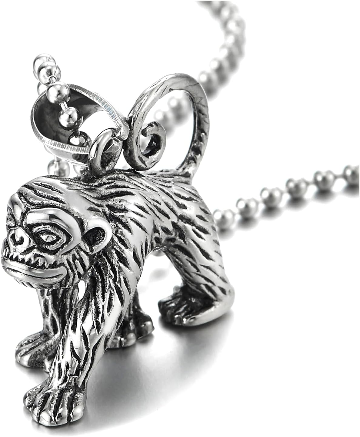 Men Stainless Steel Vintage Monkey Ape Pendant Necklace, 23.6 in Ball Chain, Biker Punk Rock