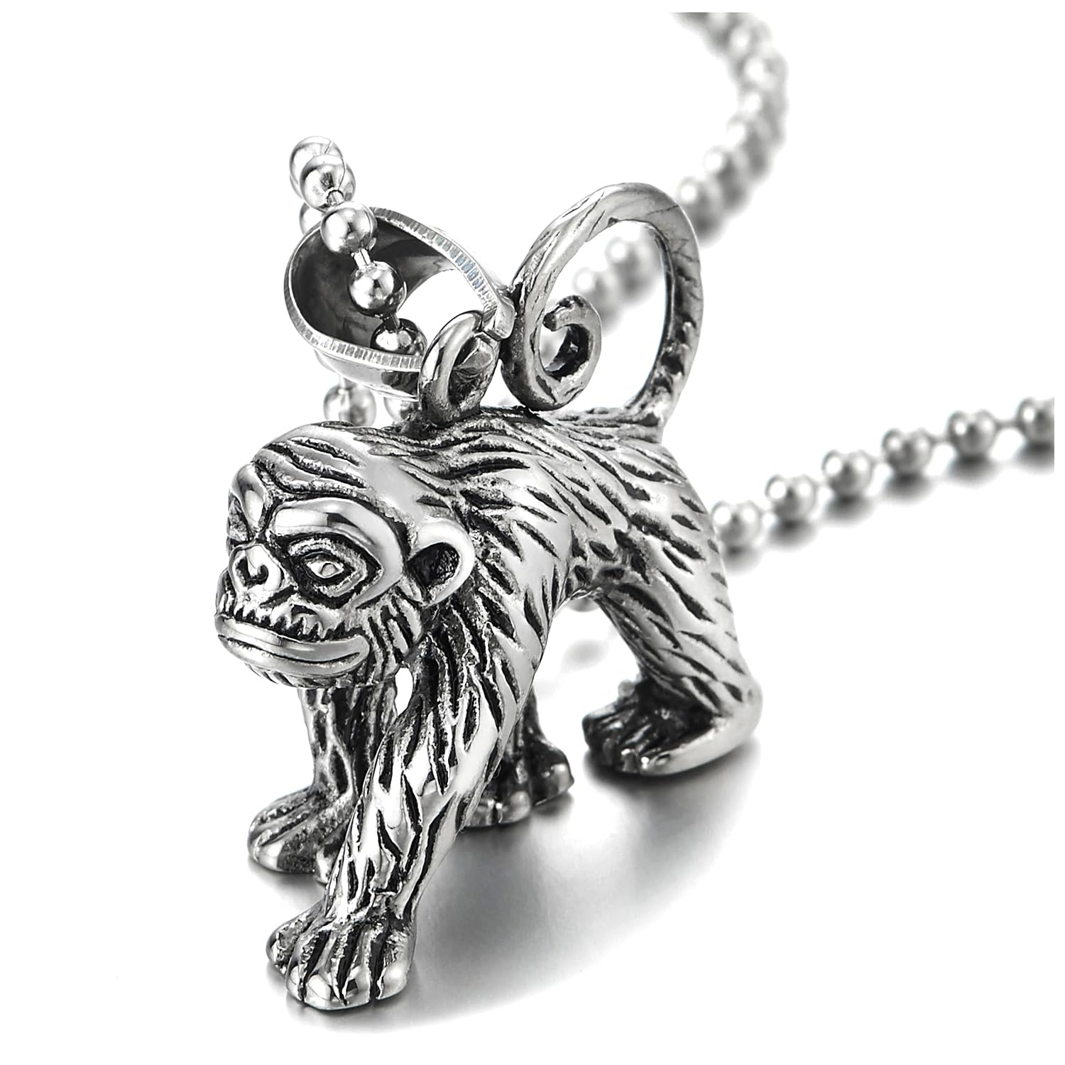 Men Stainless Steel Vintage Monkey Ape Pendant Necklace, 23.6 in Ball Chain, Biker Punk Rock