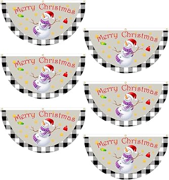 1.5 x 3 Ft Merry Christmas Bunting Flag Plaid Pleated Fan Flag Half Fan Flag Banner Hanging Fan Bunting with Canvas Header and Brass Grommets for Xmas Party Valentines Day Decoration