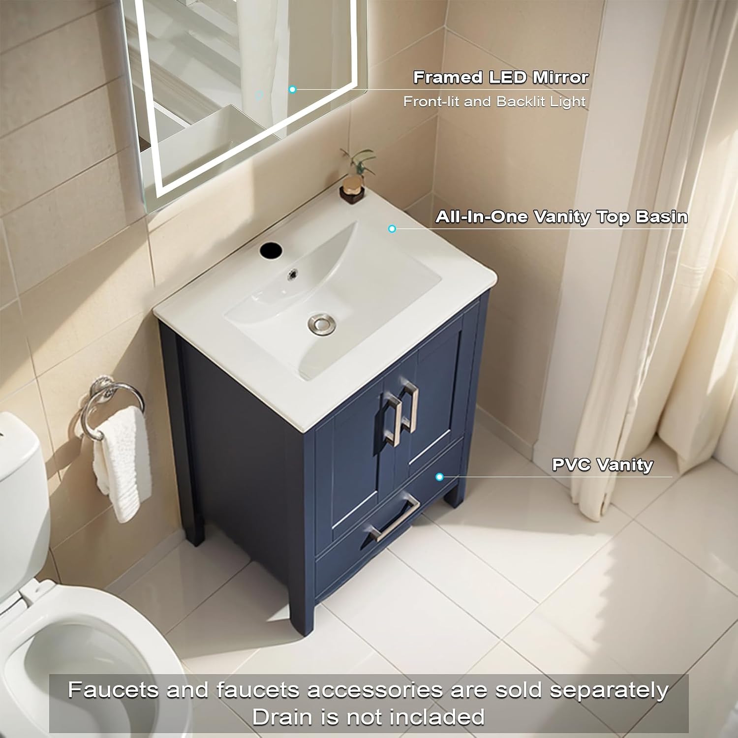 Bathroom Vanity with Top and Sink, LED Bathroom Mirror Combo, Pre-Assembly PVC Bathroom Vanity Blue Shaker, 23" W x 34 1/4" H x 21" D (2 Doors and 1 Drawer, Undersink, LED Unframed Mirror)
