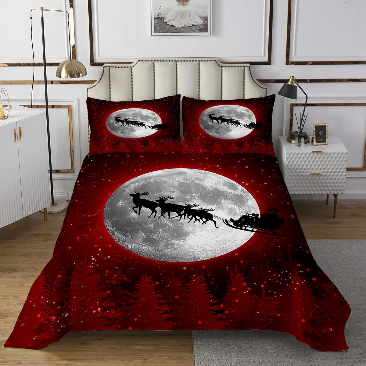 Erosebridal Kids Merry Christmas Bedspread Queen, Xmas Santa Claus Quilted Boys Girls Cute Deer Elk Bedspread Quilt Set Children Teens Starry Sky Sparkly Coverlet Set with 2 Pillow Shams, Red