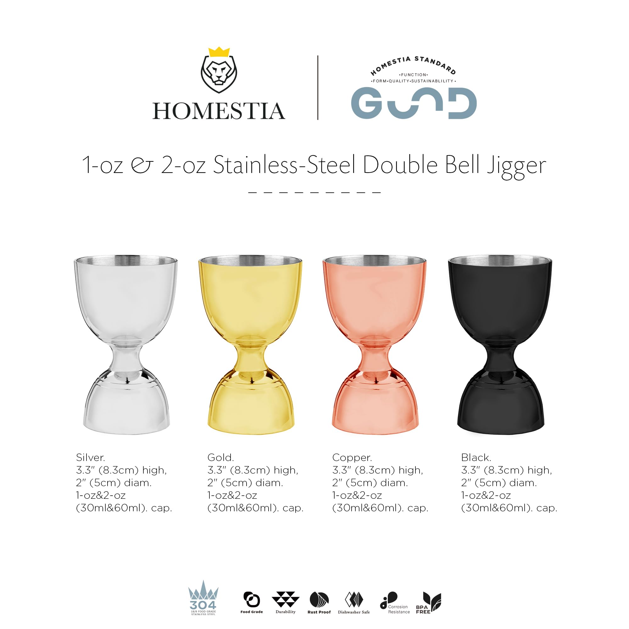 Homestia Gold - Jigger de cóctel doble estilo japonés de acero inoxidable, medidor de 1 y 2 onzas