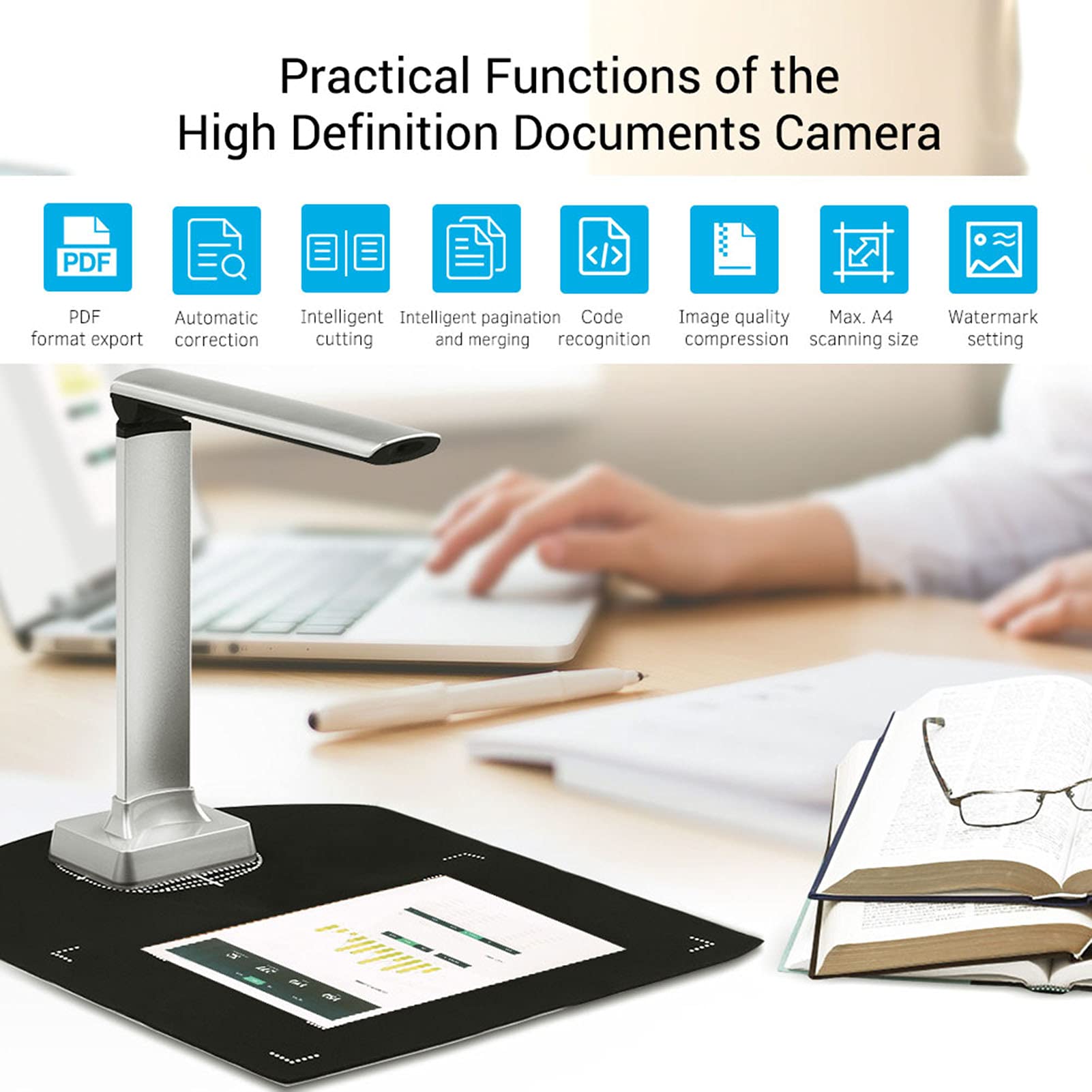 Escáner de documentos portátil, tamaño A4, escaneo de un segundo, cámara de 5 megapíxeles con corrección automática, corte inteligente para oficina y aula