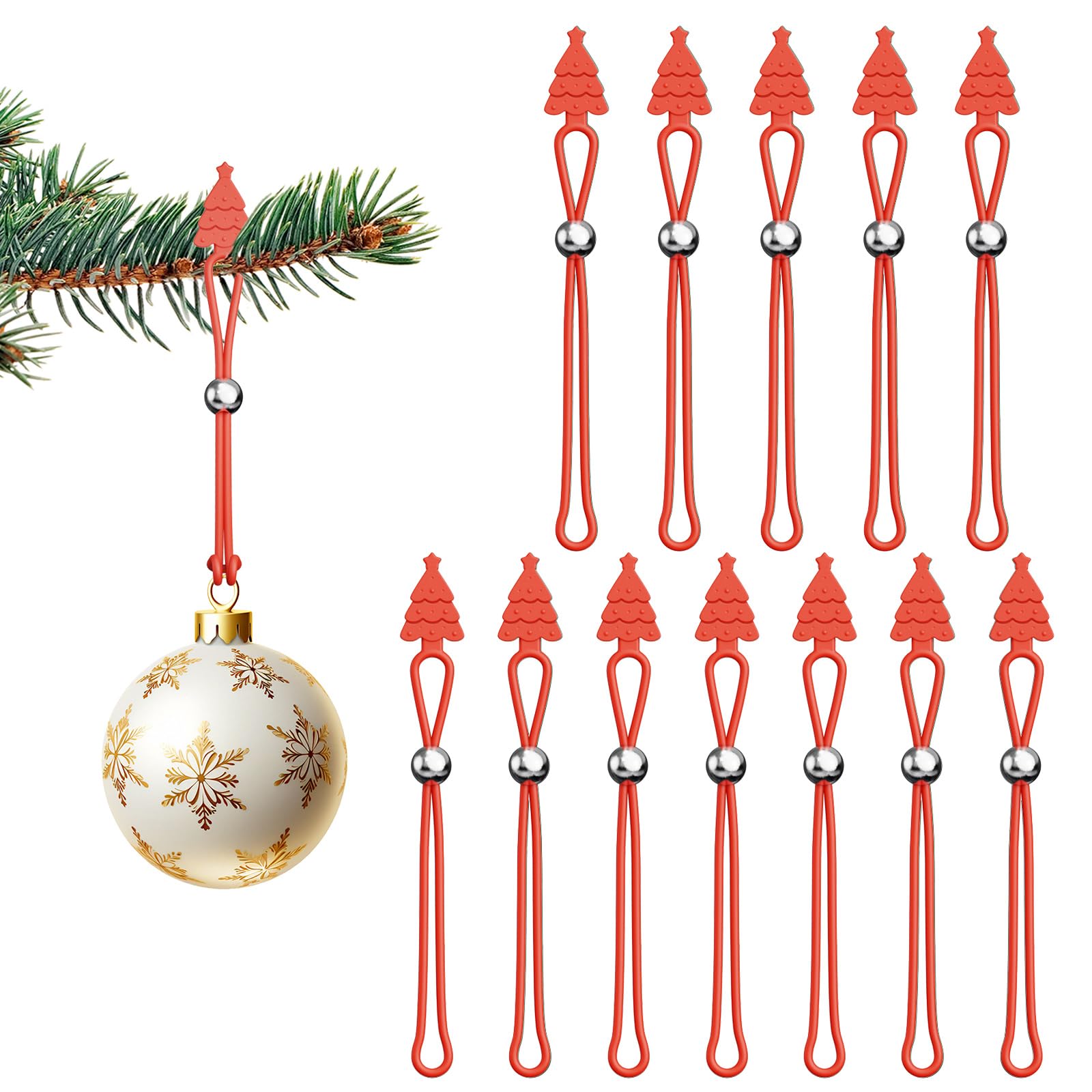 Christmas Ornament Hooks,12 Pcs Silicone Ornament Hangers and Strings for Christmas Tree, Holiday Party Hanging Decorations Ropes - Red