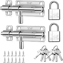 Door Lock Bolt Set of 2, Stainless Steel Door Lock Bolt with Padlock, Sliding Door Latch for Wooden Gates, Door Locks for Bathroom Bedroom Garden Shed Garage