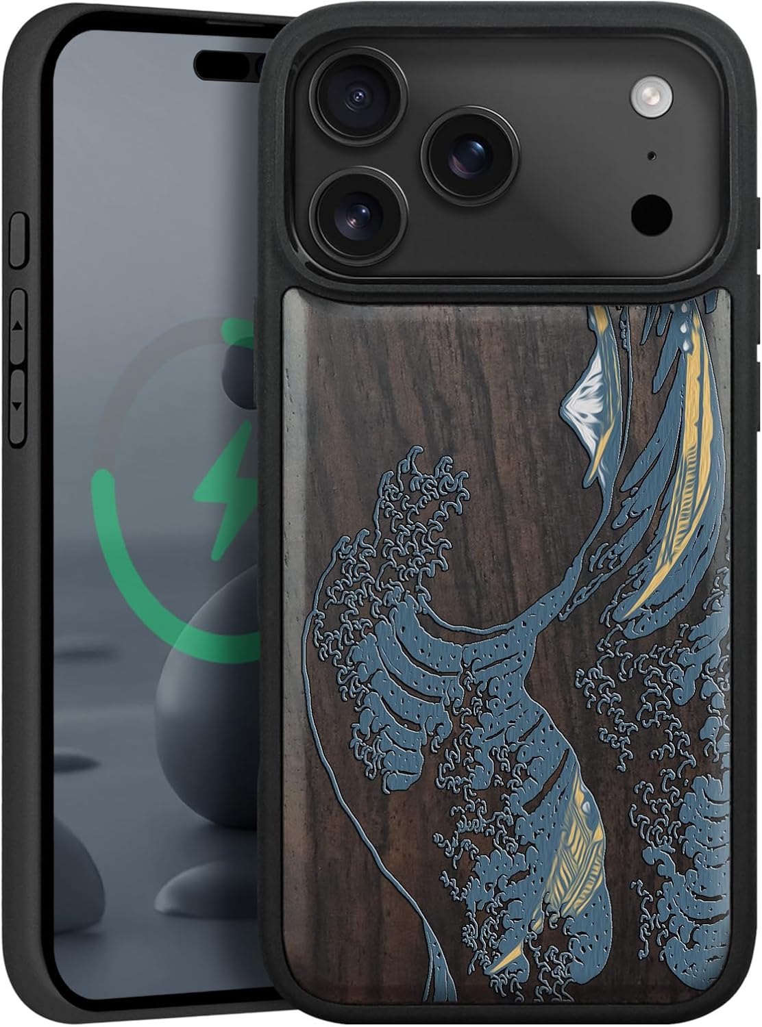 Magnetic for iPhone 17 Pro Case Compatible with MagSafe Wireless Charging, Wooden Cover & Shockproof TPU Phone Case, Dark Wood Hand-Drawn Pattern - Great Wave