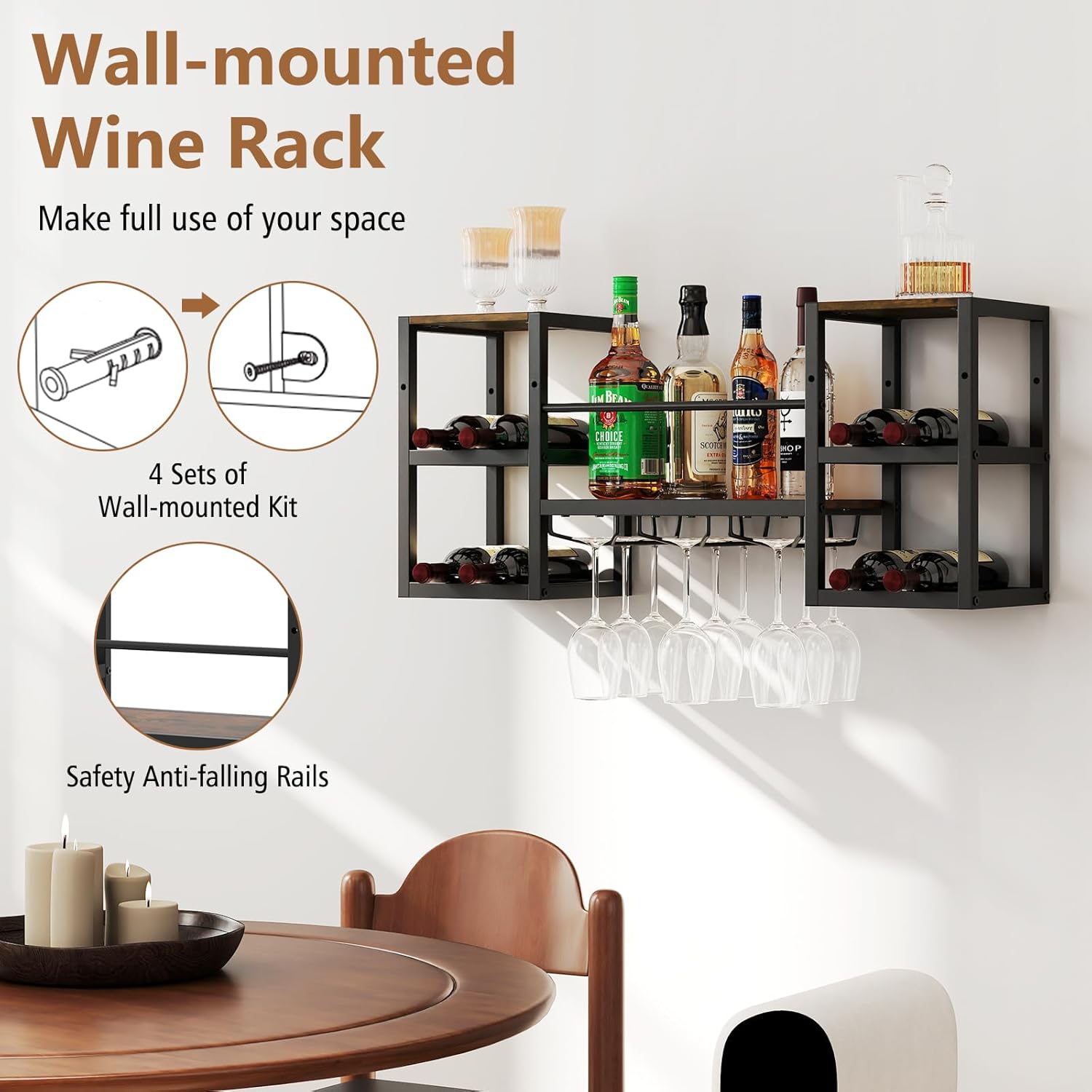 HOMGX Wall Mounted Wine Rack with Glass Holder, 3-Tier Floating Shelf for Wine Bottle Display & Storage, Heavy-Duty Hanging Storage Organizer for Kitchen Bar Dining Room
