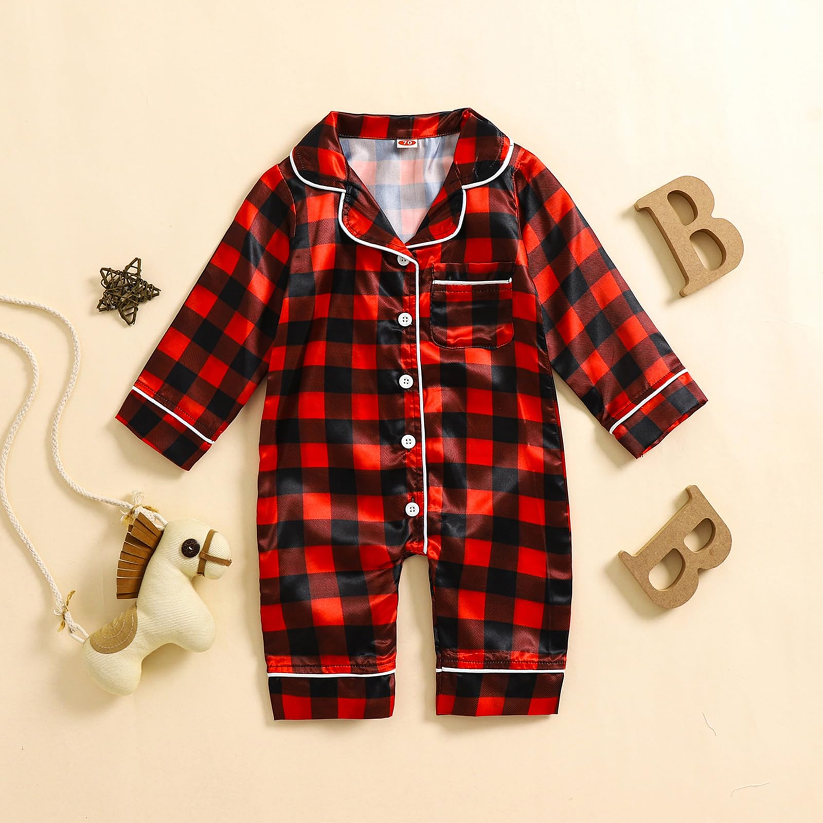 Multitrust Newborn Baby Girl Boy Silk Pajamas Long Sleeve Button Down Satin Infant Pjs One Piece Jumpsuit Loungewear (Red Plaid, 0-3 Months)