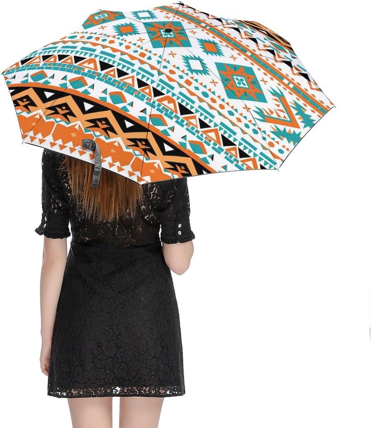 Abstract Geometric Aztec Auto Open Close Umbrella 3-Fold Design for Rain Sun Protection Ethnic Windproof Compact Umbrella for Walking Travel Lightweight
