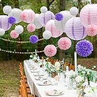 Vista 4 de KAXIXI Juego de decoraciones colgantes para fiestas, 15 unidades, flores de papel rosa, morado, blanco, pompones y faroles de papel para bodas, Dark