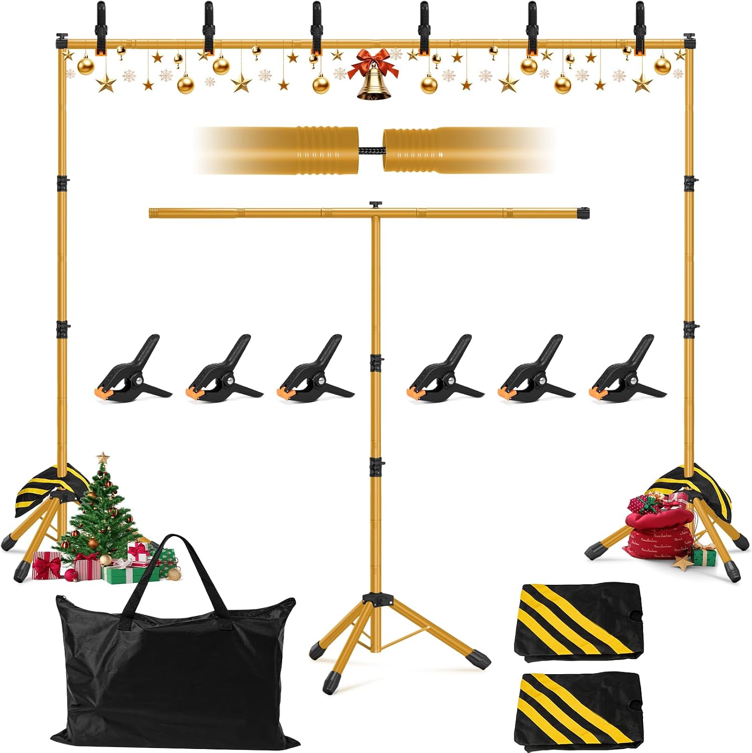 3-in-1 Backdrop Stand Kit 10x8.5 ft for Photography Studio, T-Shape Backdrop Stand for Wedding Parties, Background Stand for Photo Video Studio with Carring Bag, 6 Clamps, 2 Sandbags, Gold