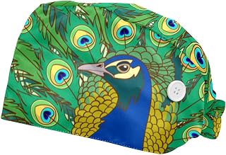 2PCS Working Hats for Men Green Peacock Adjustable Women Work Caps Bouffant Hats with Sweatband, Multi, One Size