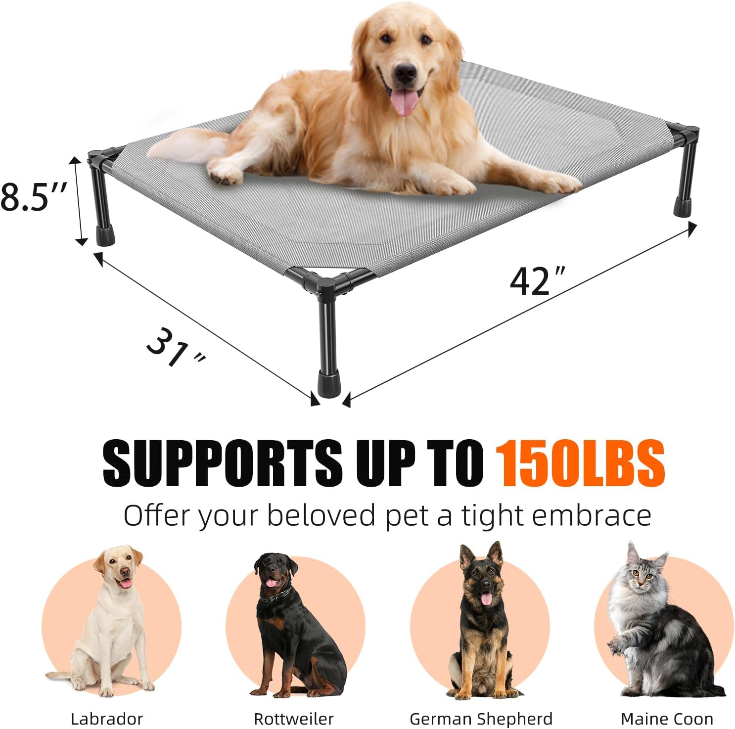 Simple Trending Raised Dog Bed for Large Dogs, Outdoor Elevated Dog Cot with Washable Breathable Mesh, Waterproof Cooling Pet Bed, 42" x 31", Grey