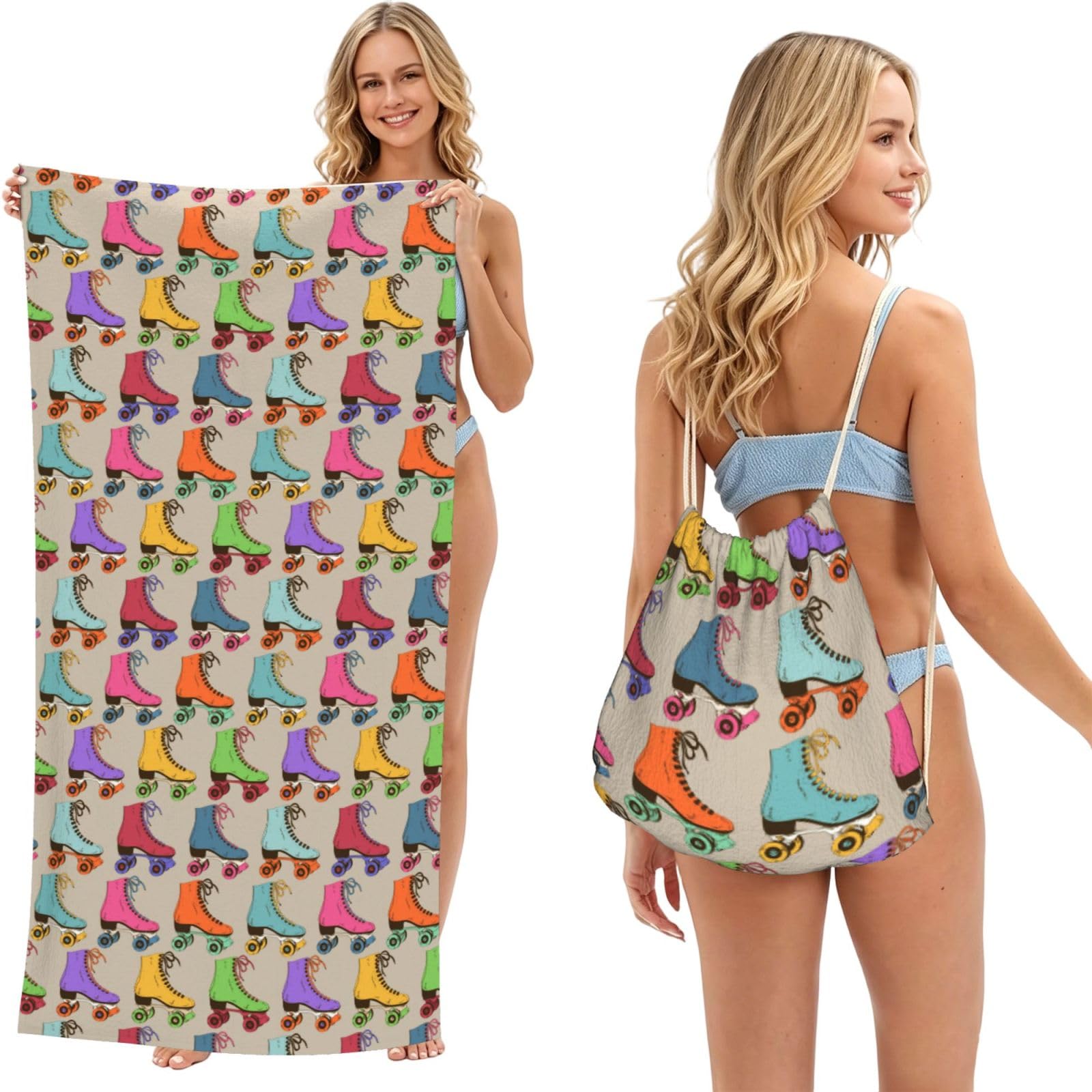 Poadnly As Picture Colorful Roller Skates, 2 In 1 Packable Towel Bag, Beach Towels With Drawstring Backpack For Travel Holiday Camping