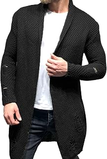Men's Long Knit Cardigan Loose Fit Open Front Solid Lapel Collar Sweater Coat Autumn Winter Cozy Windbreaker Jacket Big&Tall