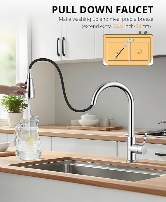 Hiqufet Kitchen Tap, Kitchen Mixer Taps with Pull Down Sprayer, Stainless Steel High Arc Single Handle Kitchen Sink Tap for Pot Filler, Polished Chrome