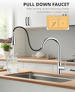 Hiqufet Kitchen Tap, Kitchen Mixer Taps with Pull Down Sprayer, Stainless Steel High Arc Single Handle Kitchen Sink Tap for Pot Filler, Polished Chrome