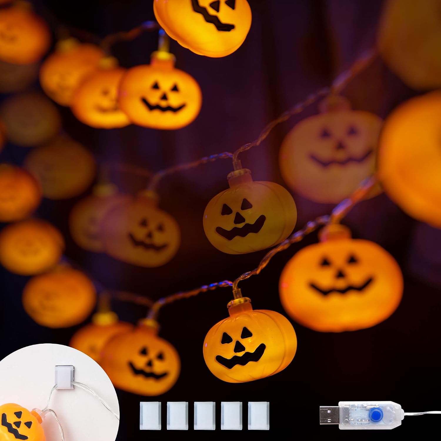 Varmax Halloween Lights String 60 LED 24 FT USB Powered Classic Pumpkin Lights with 8 Lighting Modes