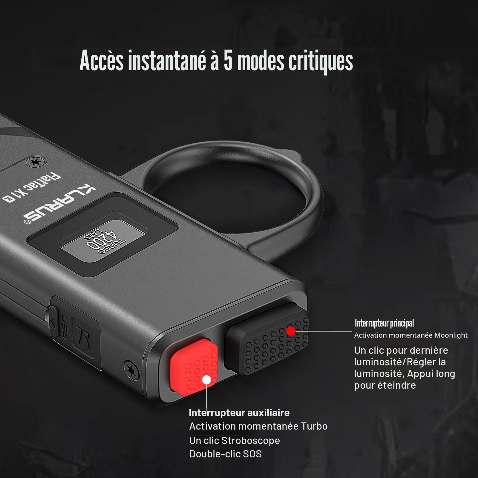 KLARUS FlatTac X1K Lampe torche tactique ultra-mince, 4200 lumens, puissante et compacte avec double interrupteur, écran OLED, étanchéité IPX6. Idéale pour les activités de plein air et le service.